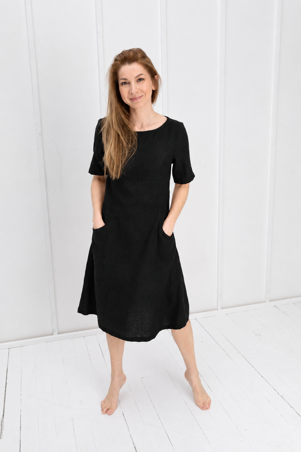 black loose linen dress 100% Dress, Flax – Velvety Modest Lace Cap Sleeves CARE Machine wash up Size:UK 11 STRICTLY