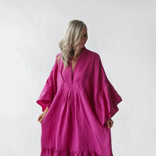 Sea Khaki,Blue And Pink Neon Linen Dress by Seaside Tones Seaside Tones