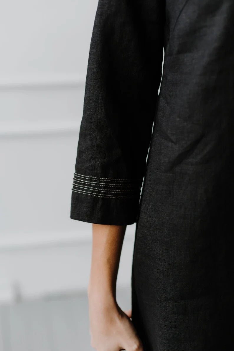 100% Back Linen Dress With Hand Embroidery