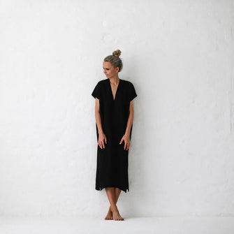 Linen V neck dress black by Seaside Tones Seaside Tones