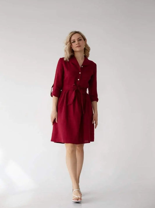 PRE-ORDER Lily Linen Dress In Burgundy Nich