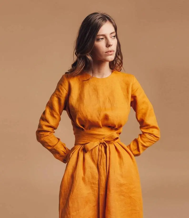 Mustard linen hot sale dress