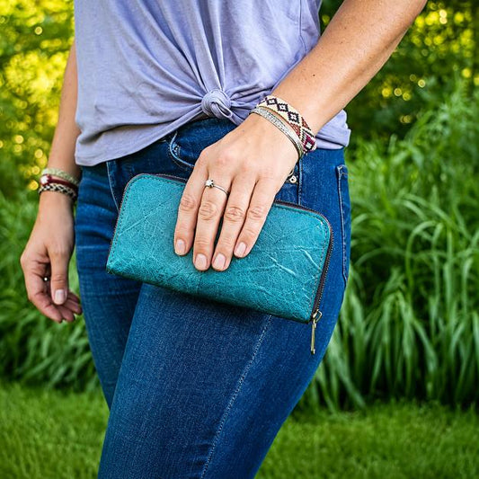 Turquoise long wallet made of leaves by Tree Tribe