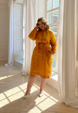 Audrey Mustard Belted Linen Dress - Long Sleeve / Midi Nich