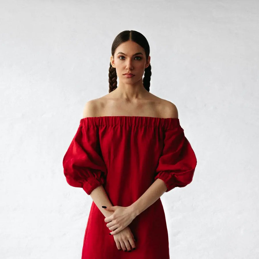 Linen off shoulder dress red by Seaside Tones L Linen off shoulder dress red by Seaside Tones L