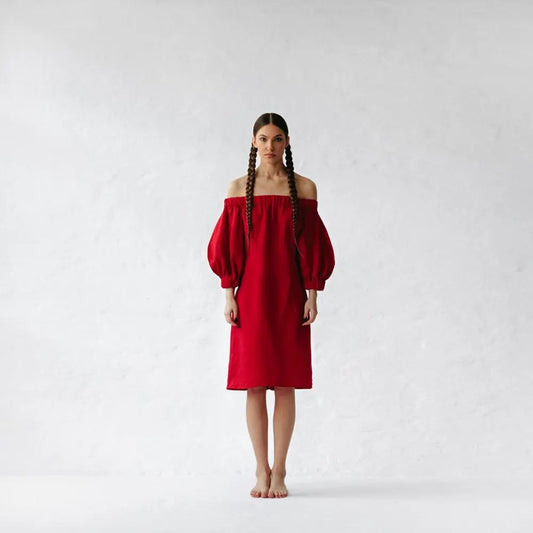 Linen off shoulder dress red by Seaside Tones Seaside Tones