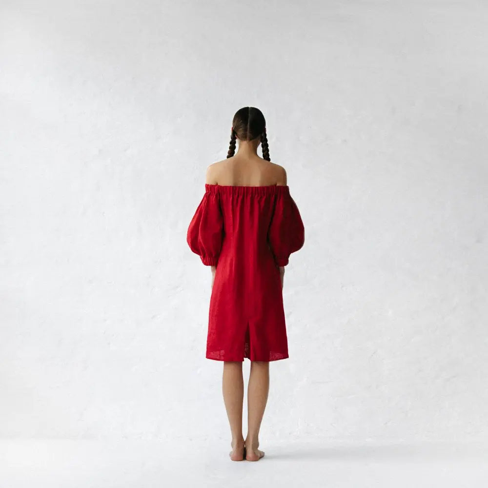 Linen off shoulder dress red by Seaside Tones Seaside Tones