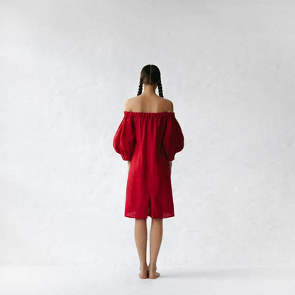 Linen off shoulder dress red by Seaside Tones Seaside Tones