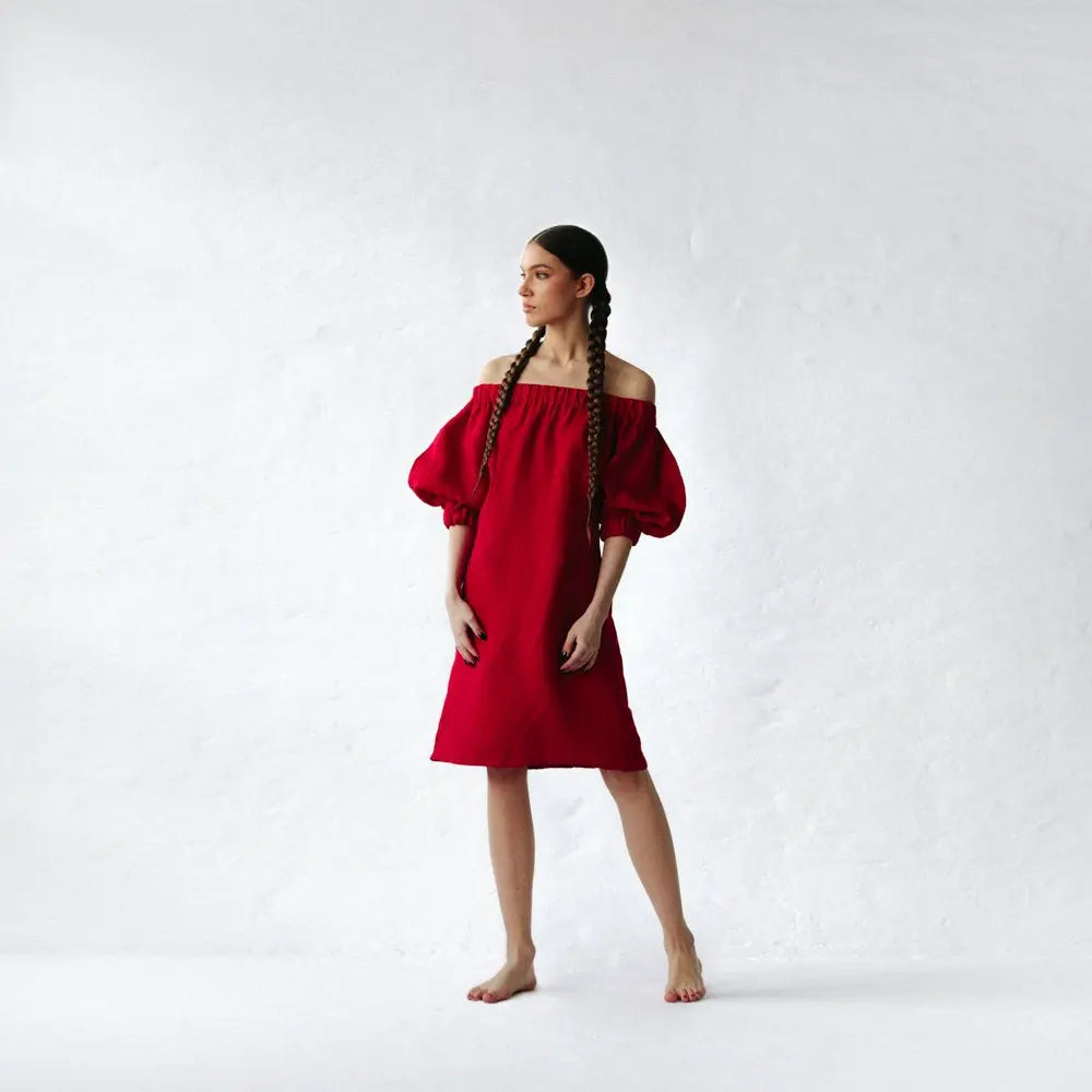 Linen off shoulder dress red by Seaside Tones Seaside Tones