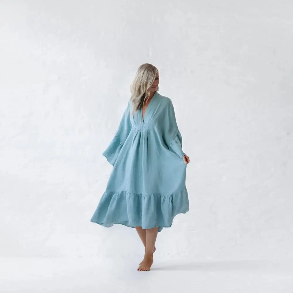 Sea Khaki,Blue And Pink Neon Linen Dress by Seaside Tones Seaside Tones