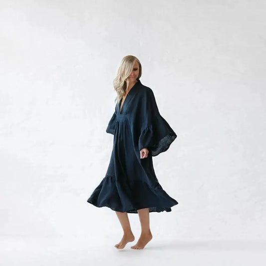 Sea Khaki, Blue, Black & Pink Neon Linen Dress by Seaside Tones Seaside Tones