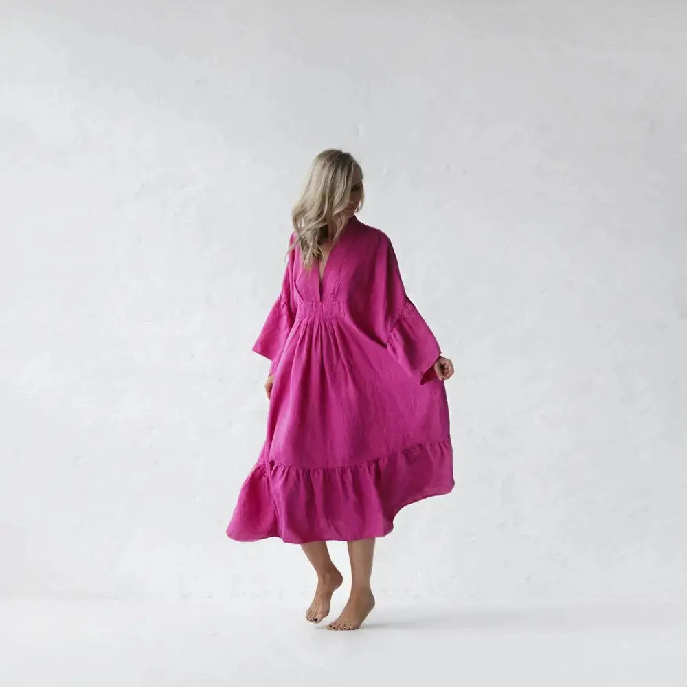 Sea Khaki,Blue And Pink Neon Linen Dress by Seaside Tones Seaside Tones