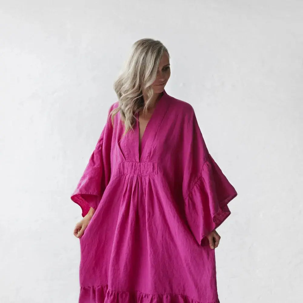 Sea Khaki,Blue And Pink Neon Linen Dress by Seaside Tones Seaside Tones