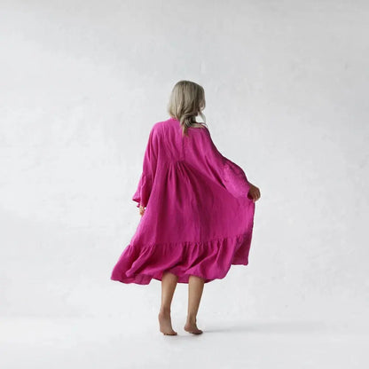 Sea Khaki,Blue And Pink Neon Linen Dress by Seaside Tones Seaside Tones