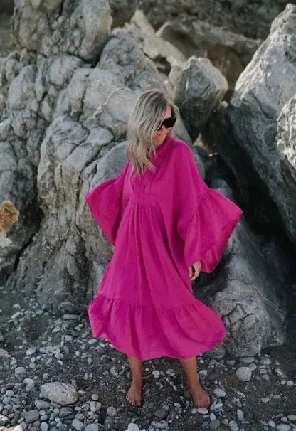 Sea Khaki, Blue, Black & Pink Neon Linen Dress by Seaside Tones Seaside Tones