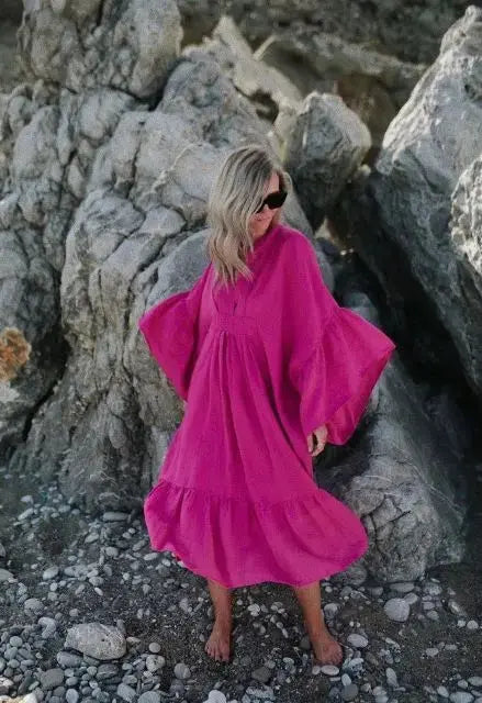 chinese dress ladies Neon Orange Linen Dress With Frill