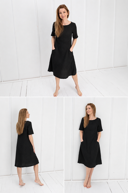 100% Black Linen Dress, Loose Flax Dress