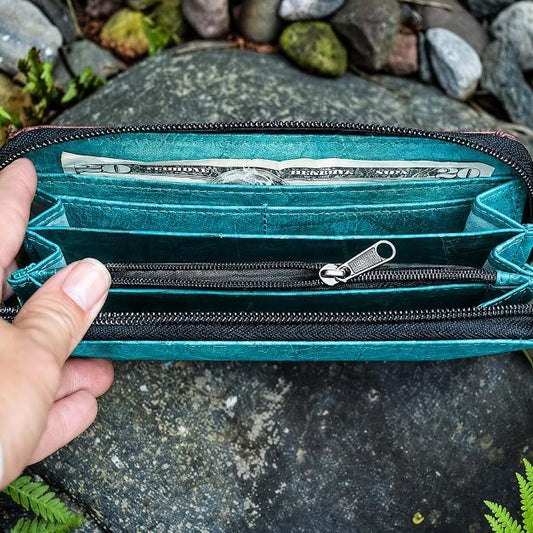Turquoise long wallet made of leaves by Tree Tribe