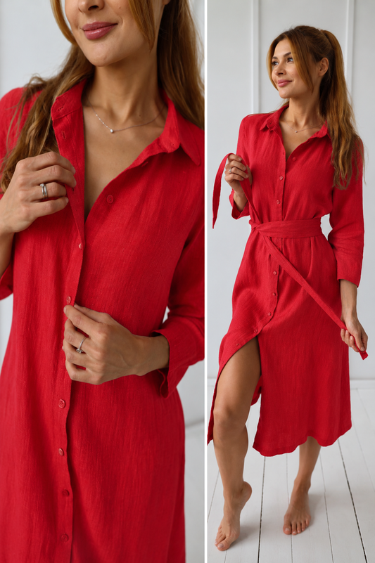 100% Linen Collar Shirt- Dress