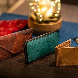 Turquoise long wallet made of leaves by Tree Tribe