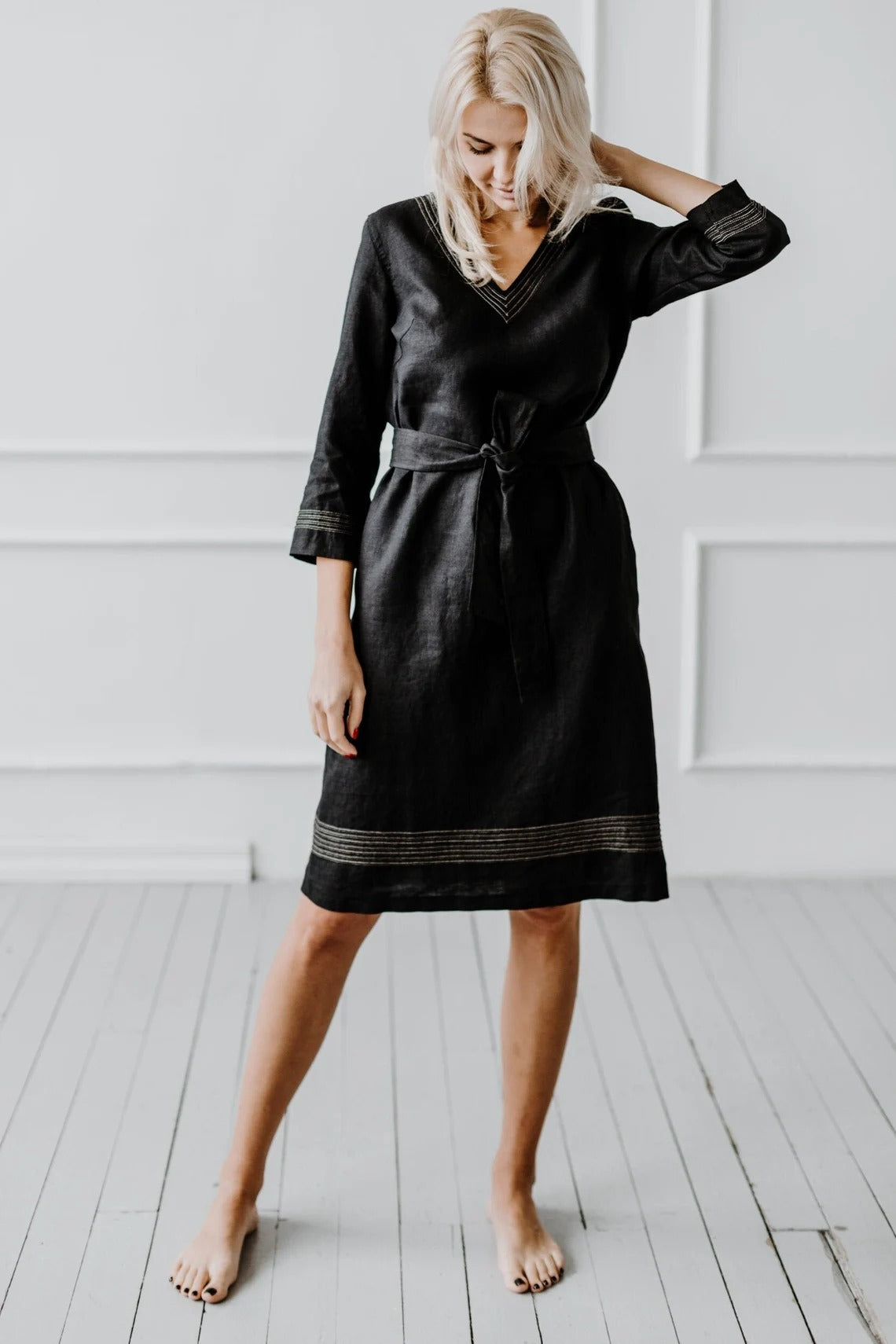 100% Back Linen Dress With Hand Embroidery