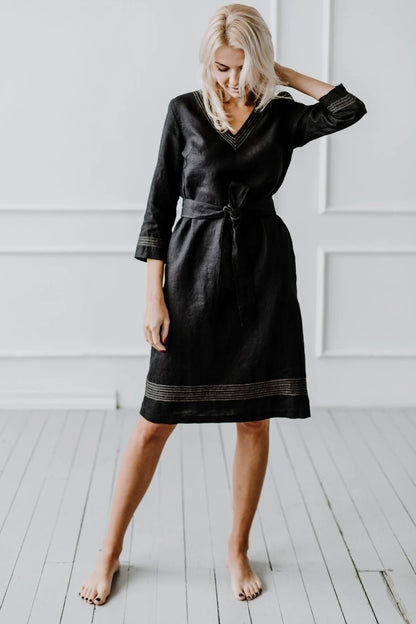 100% Back Linen Dress With Hand Embroidery
