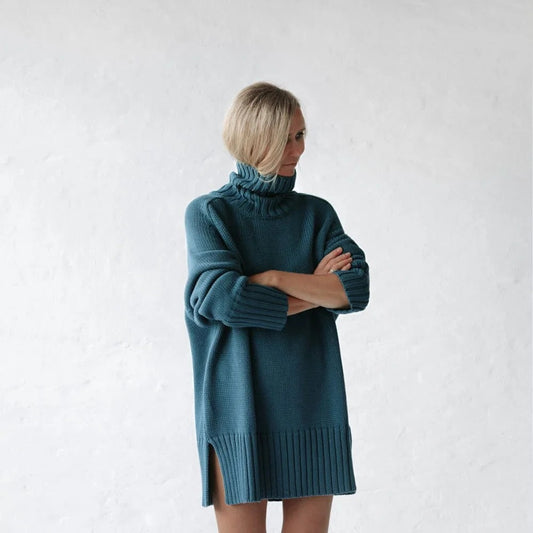 100% recycled cotton turtleneck sweater blue
