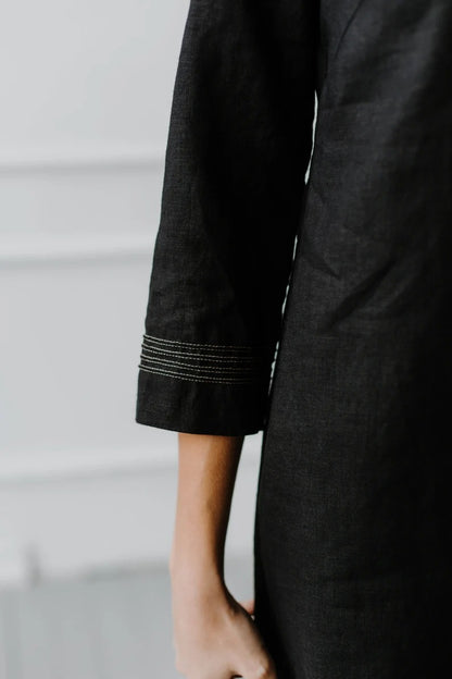 100% Back Linen Dress With Hand Embroidery