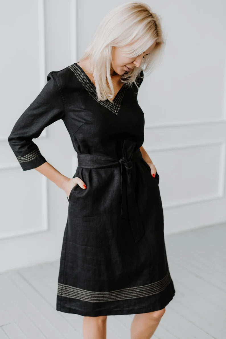 100% Back Linen Dress With Hand Embroidery
