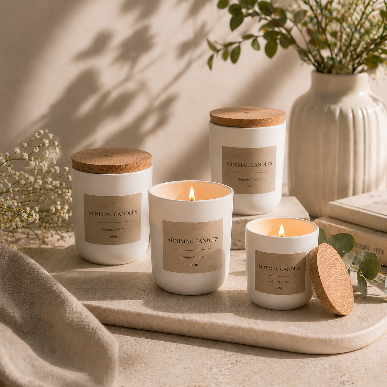 Three white glass candle jars with cork lids and beige labels reading MINIMAL CANDLES, arranged on a stone tray with a lit candle in the center. The scene includes a ceramic vase with greenery, books, and soft natural shadows on a neutral beige background.
