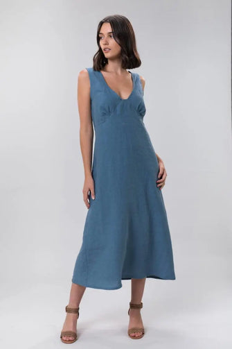 Bonnie Long Linen Dress In Sky by Wilga Clothing Wilga Clothing