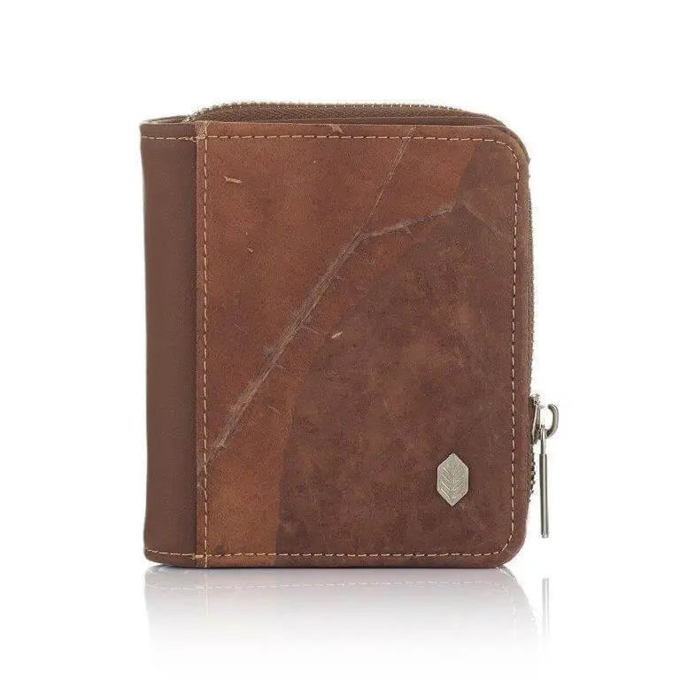 Brown vegan Leaf Compact Zip Wallet Thamon