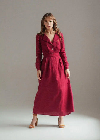 Burgundy Maxi Linen Dress Janet Nich