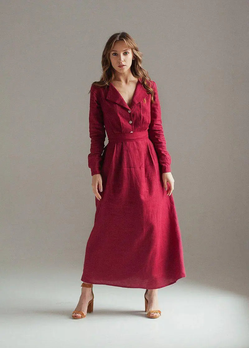 Burgundy Maxi Linen Dress Janet Burgundy Maxi Linen Dress Janet