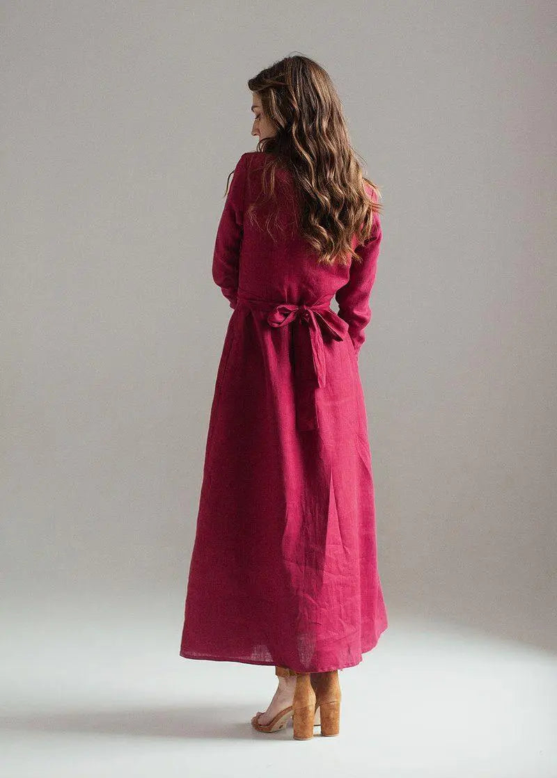 Burgundy Maxi Linen Dress Janet Nich