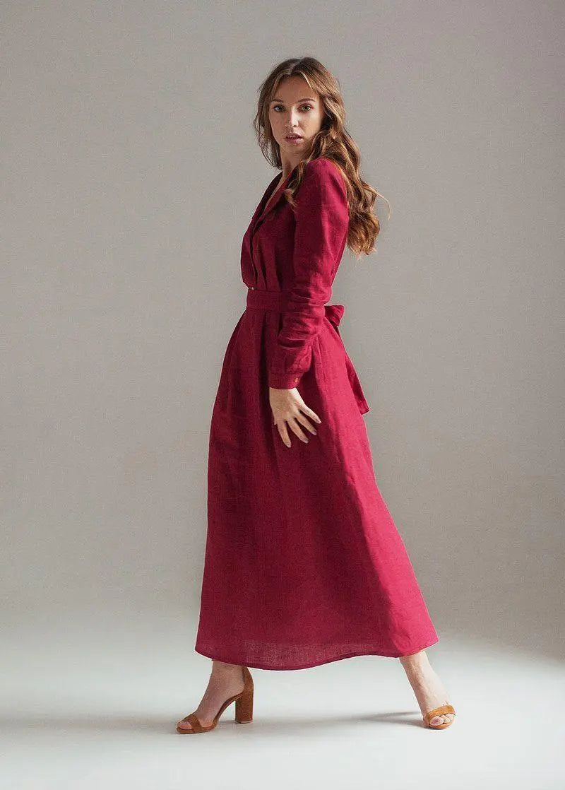 Burgundy Maxi Linen Dress Janet Nich