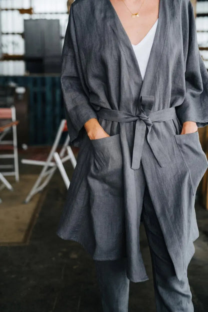 Doha Grey Kimono linen jacket Mantaikotai