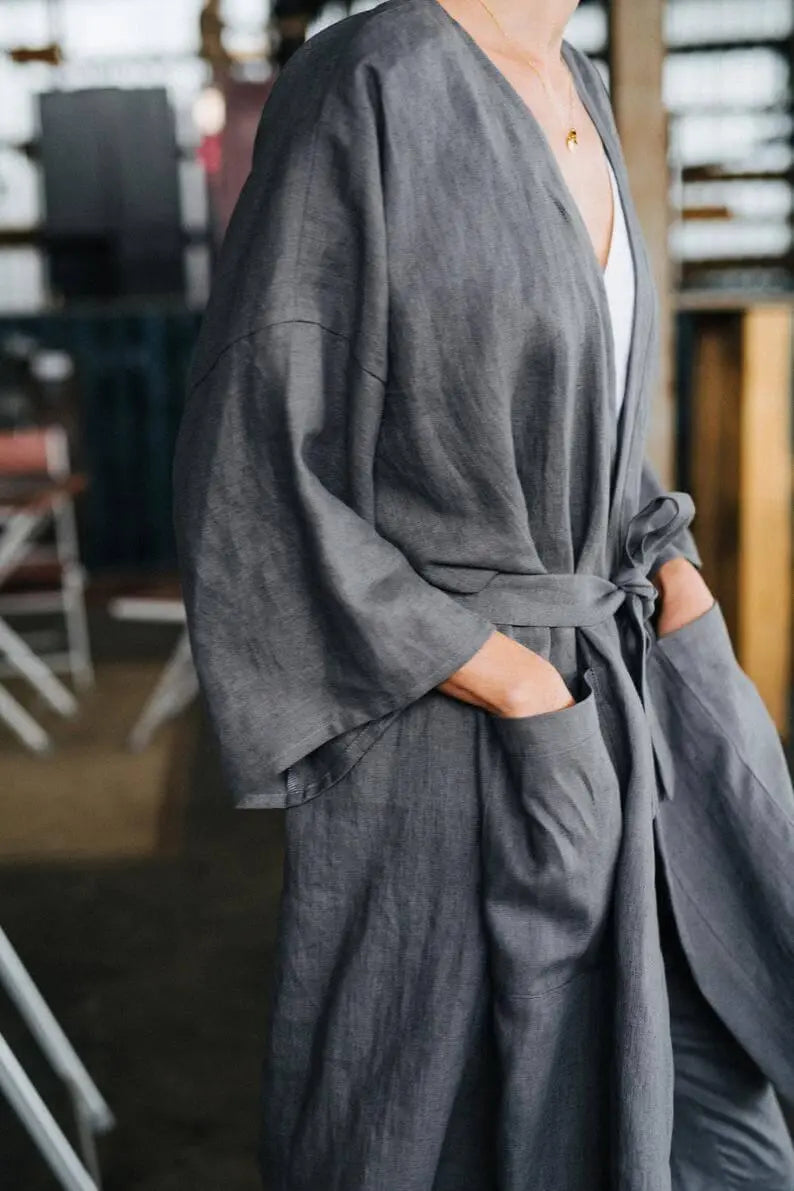 Doha Grey Kimono linen jacket Mantaikotai