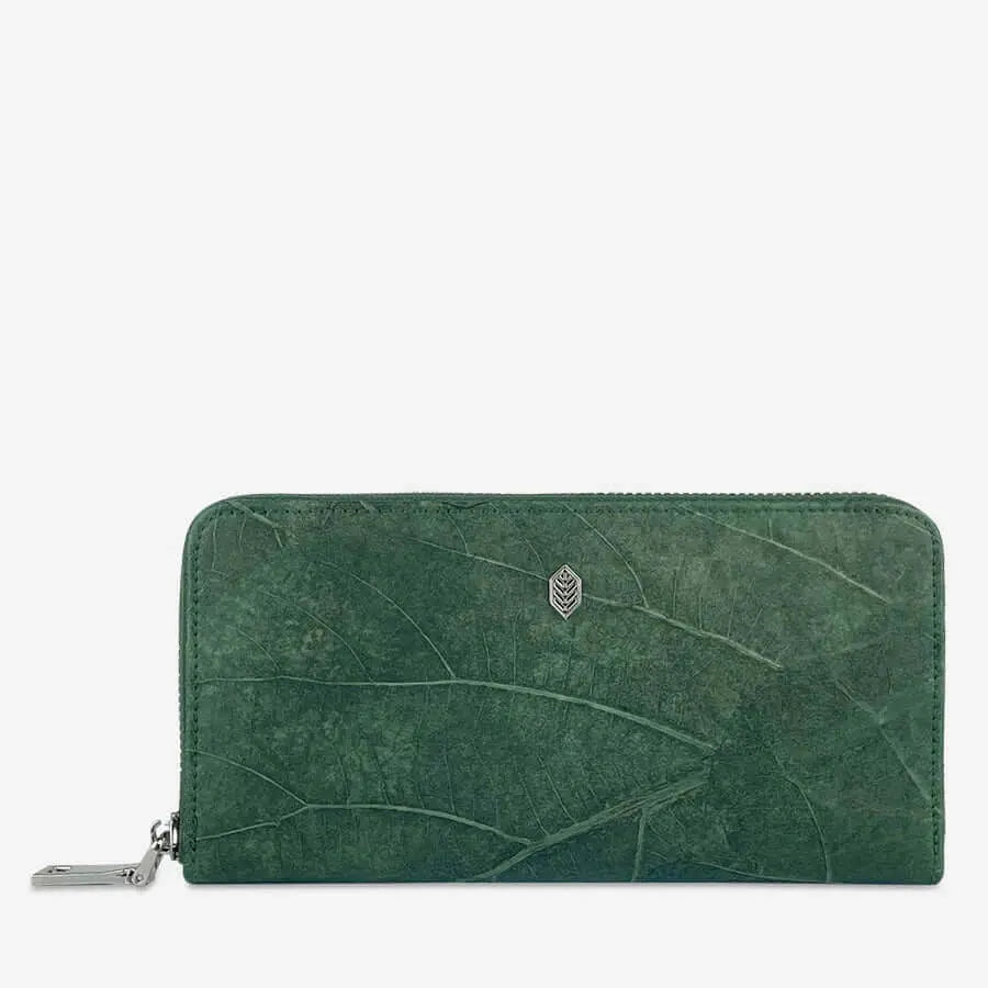 Green Leaf leather large Zip Wallet Thamon