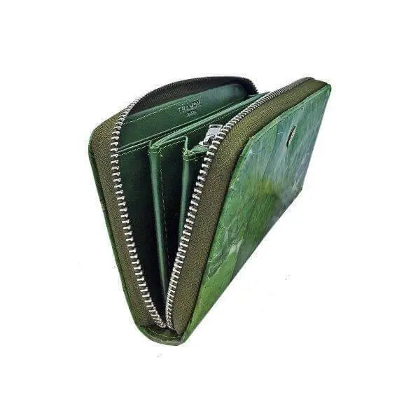 Green Leaf leather large Zip Wallet Thamon