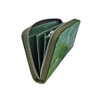 Green Leaf leather large Zip Wallet Thamon