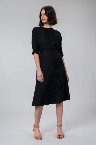 KATIE DRESS IN LINEN BLACK ROSE by Wilga Clothing