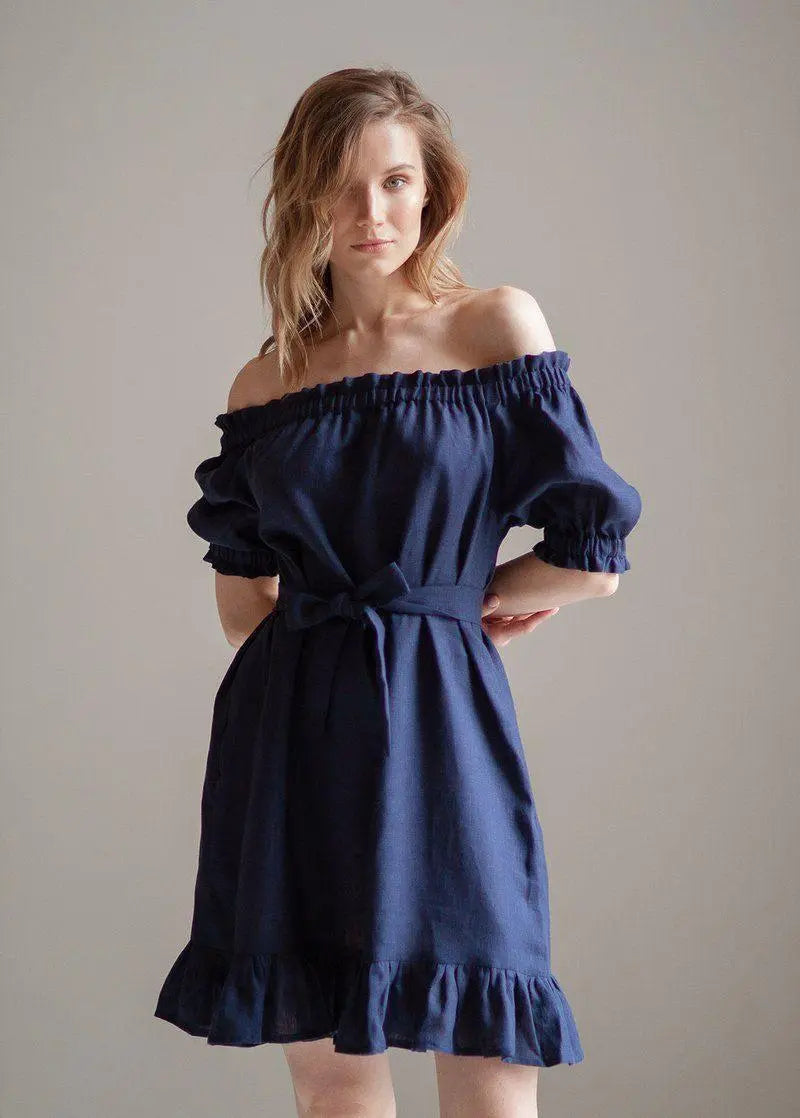 Lia Linen Dress In Dark Blue Nich