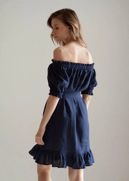 Lia Linen Dress In Dark Blue Nich