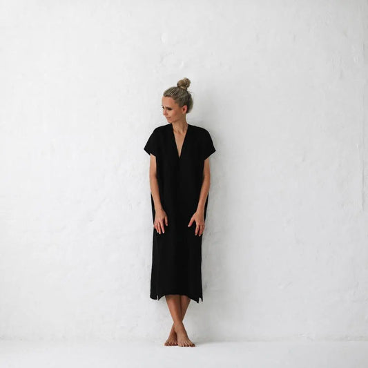 Linen V neck dress black by Seaside Tones Seaside Tones