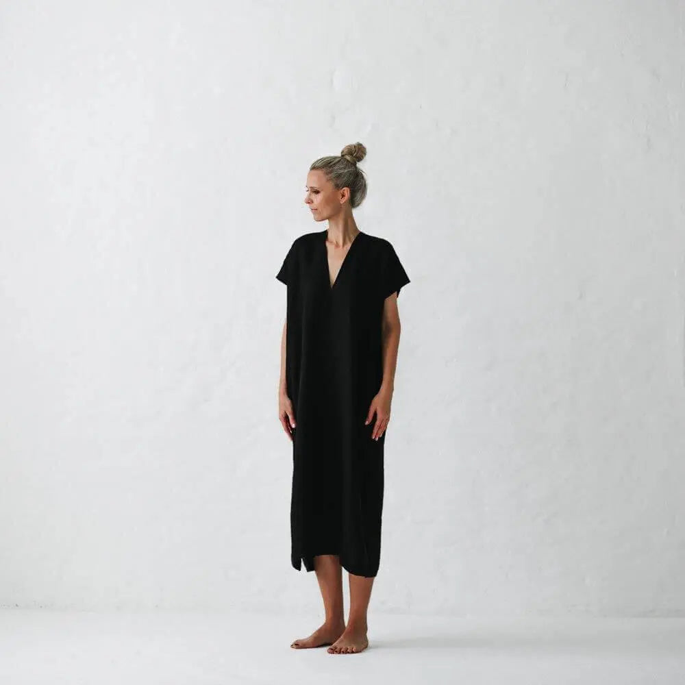 Linen V neck dress black by Seaside Tones Seaside Tones