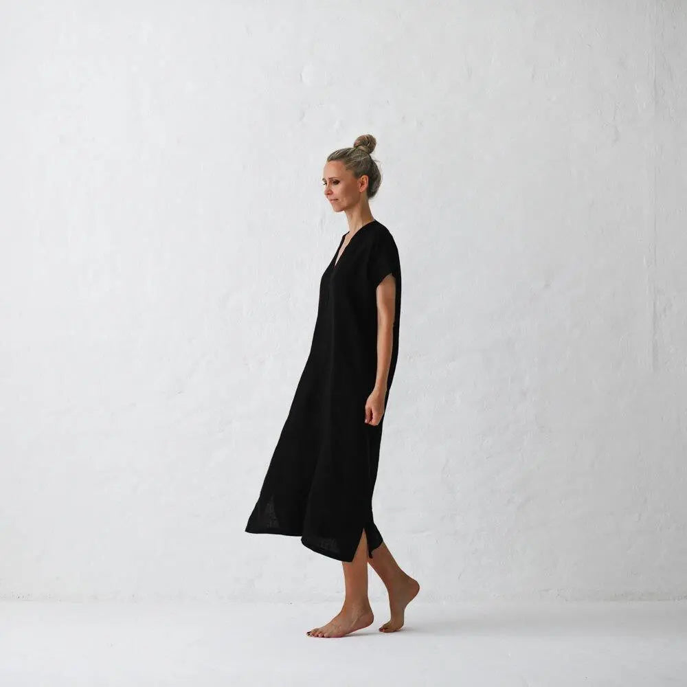 Linen V neck dress black by Seaside Tones Seaside Tones