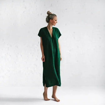 Linen V neck dress green by Seaside Tones Seaside Tones