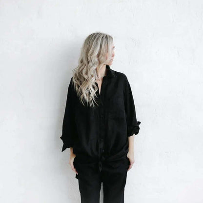 Linen boyfriend shirt in black by Seaside Tones Seaside Tones