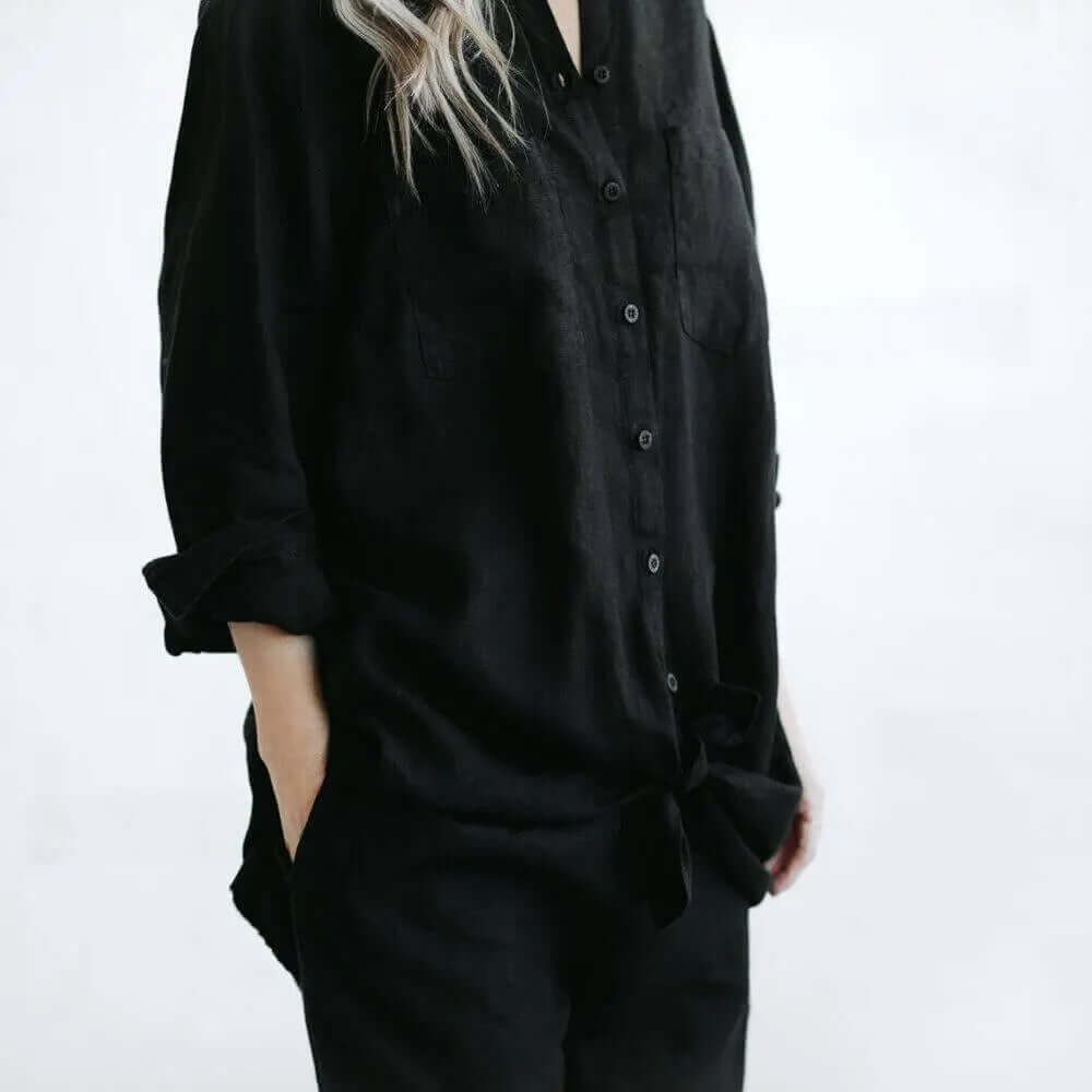 Linen boyfriend shirt in black by Seaside Tones Seaside Tones